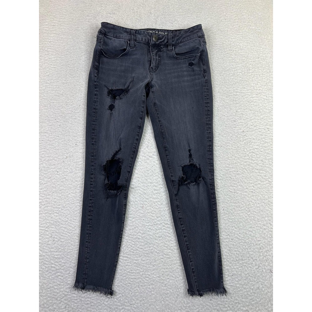 American Eagle Womens 4 Black Super Low Jegging Distressed Raw Hem Jeans